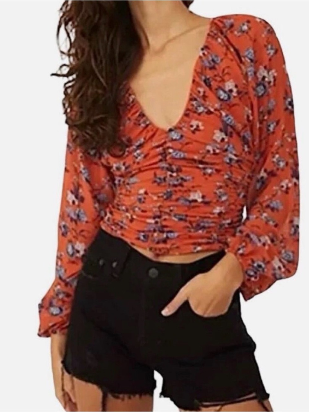 Free People Boho Ruched Front Smocked Back Long Sleeve Blouse, Rust Floral - Picture 3 of 11